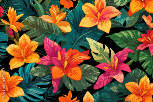  Colorful tropical flowers, plant leaves, abstract background, Plants and Flowers, generative ai