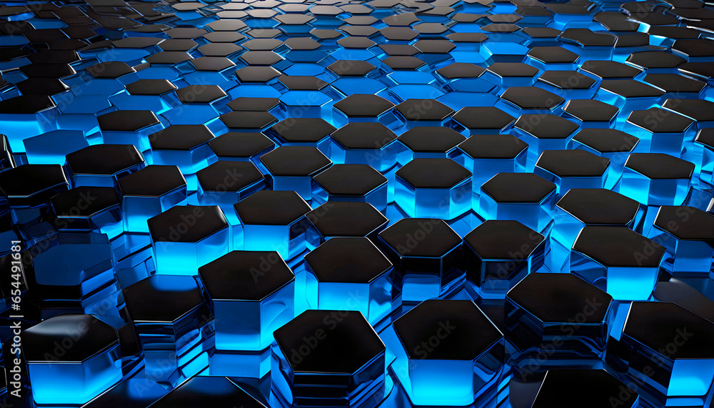 Naklejka premium abstract texture with hexagons on a black background with neon glow