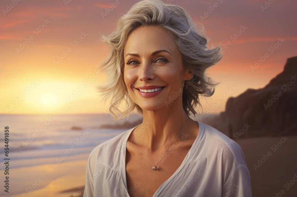 beautiful middleage woman smiling at sunset near the beach - AI Generative beautiful middleage woman smiling at sunset near the beach - AI Generative