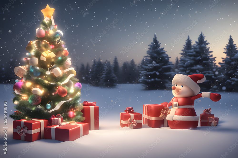 Fototapeta premium Christmas tree with lights and presents. Generative Ai