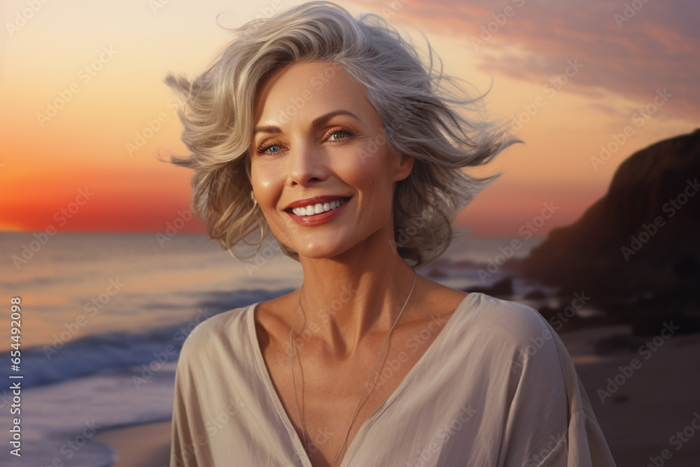 beautiful middleage woman smiling at sunset near the beach - AI Generative beautiful middleage woman smiling at sunset near the beach - AI Generative