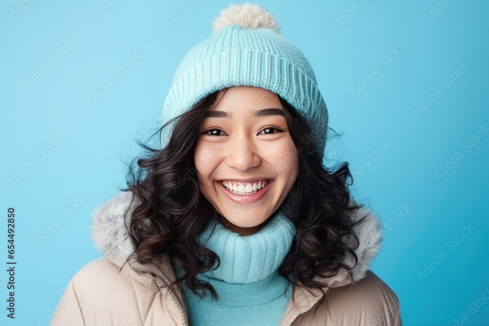 Smiling asian girl in warm winter outfit. Healthy, happy young woman - obrazy, fototapety, plakaty 
