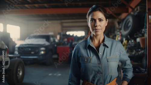 Empowering Expertise: Confident Mexican Female Mechanic Stands with Authority in an Auto Repair Shop..
