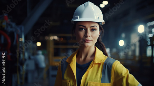 Female Engineer in Yellow Uniform and Hard Hat Ensuring Factory Maintenance and Safety.