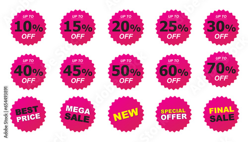 Discount Sale Stickers. Sticker Set. Price stickers. Pink Tags.