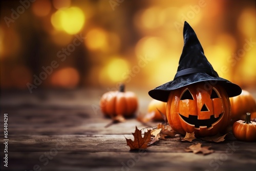 Adorable Cute Carved Pumpkin Halloween Witch Hat Autumn Background