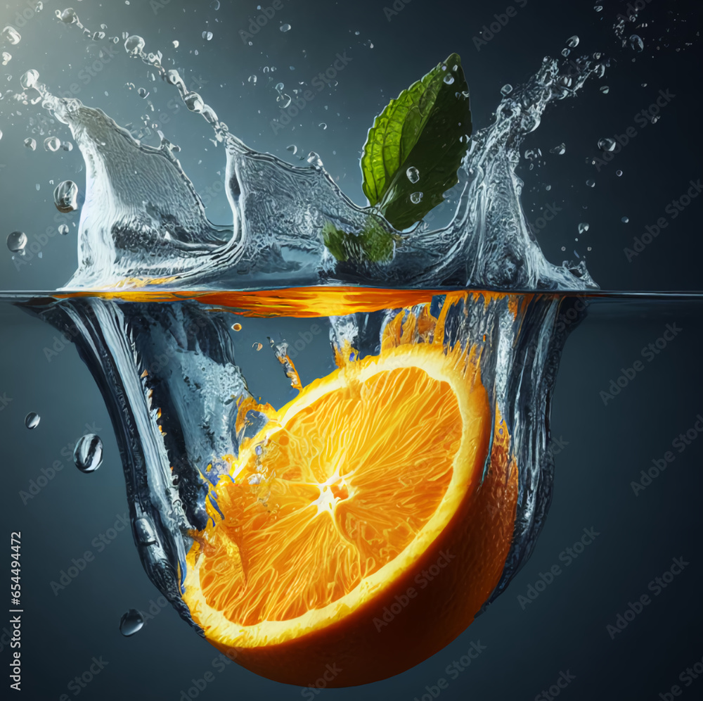 Fototapeta premium A slice of orange falling into water, orange in water splash, AI generated