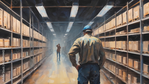 Back view of diligent worker scanning shelves in a storage facility. Oil art. AI generated photo