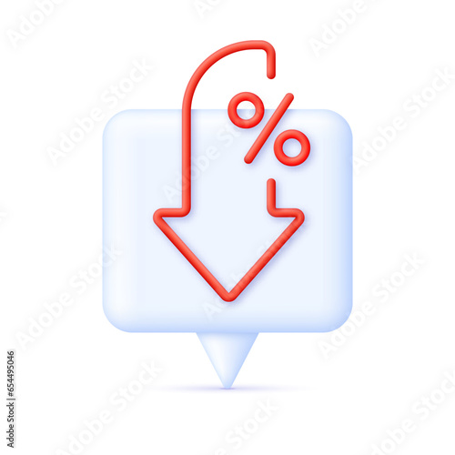 3D Percent and arrow icon on Phone. Percentage with arrow down. Interest rate reduction, finance, banking.