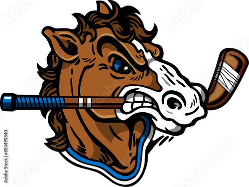vintage mustang mascot biting hockey stick for school, college or league sports