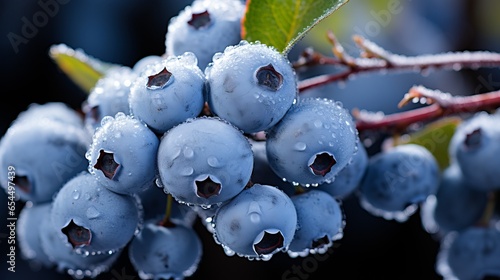 Blueberries close-up, berries covered with snow. Late harvest, threat of bad harvest.