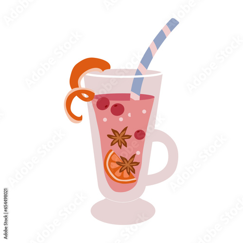 Autumn hot spicy drink with fruits, cinnamon, berries.Hot tea, wine.Vector for web, design, printing.