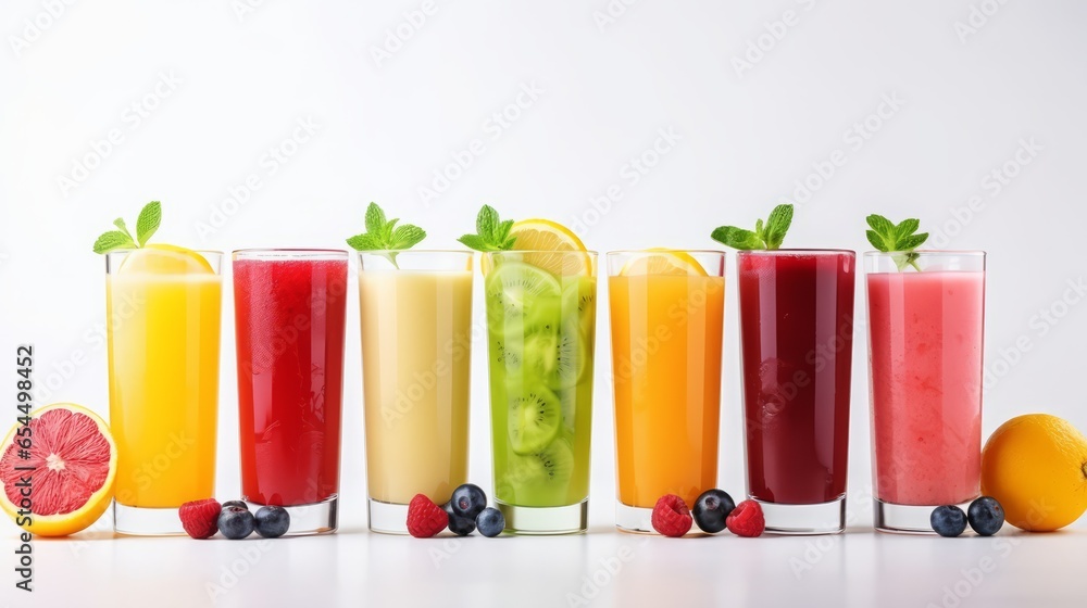 Fresh Fruits juices with fruits. Glasses of Fruits juice with Fruits and mint on white table. Minimalism. AI generated. - obrazy, fototapety, plakaty 