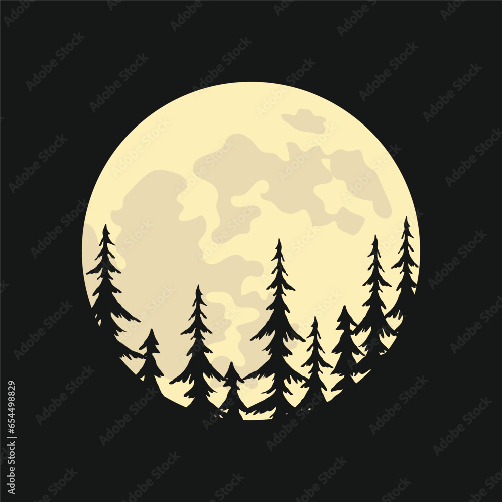 Obraz premium Full Moon with Trees on Black Background. Halloween Graphic Element. Vector Illustration