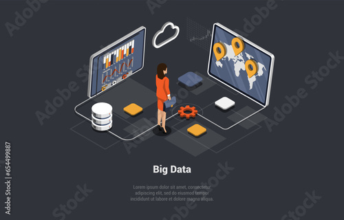 Big Data Processing Center, Cloud Database. Server Room With Hardware Racks. Woman Works On And Controls of Working Big Data Storage and Cloud Computing Technology. Isometric 3d Vector illustration