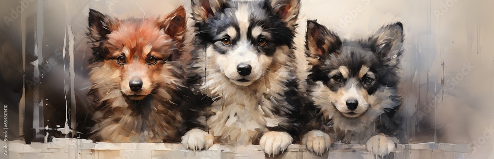 Painting with dogs running in the snow. Huskies in the wild, beautiful furry animals. Concept: winter dog breed. Helpers for people in difficult conditions of the north.