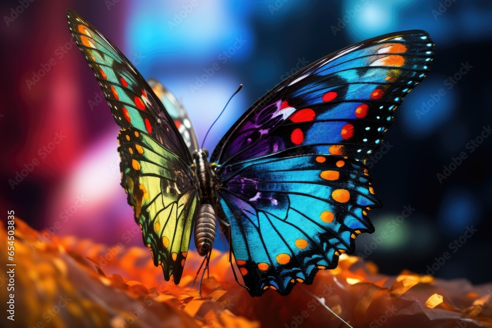 Closeup of a butterfly taking off with colorful wings Closeup of a butterfly taking off with colorful wings