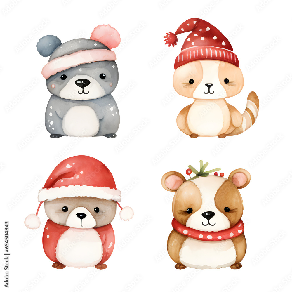 Set of watercolor cute fuzzy animals in cozy scarf and hats, panda, fox, dog, bear, isolated on white background, cute character, winter season, holiday Set of watercolor cute fuzzy animals in cozy scarf and hats, panda, fox, dog, bear, isolated on white background, cute character, winter season, holiday