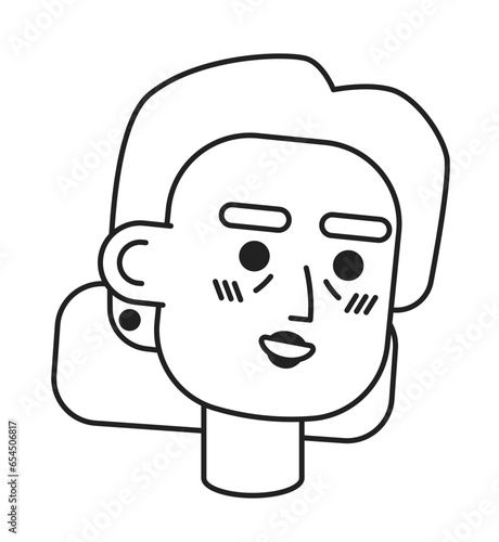 Grandma caucasian black and white 2D vector avatar illustration. Elderly lady woman outline cartoon character face isolated. Wearing earrings middle-aged flat user profile image, portrait female