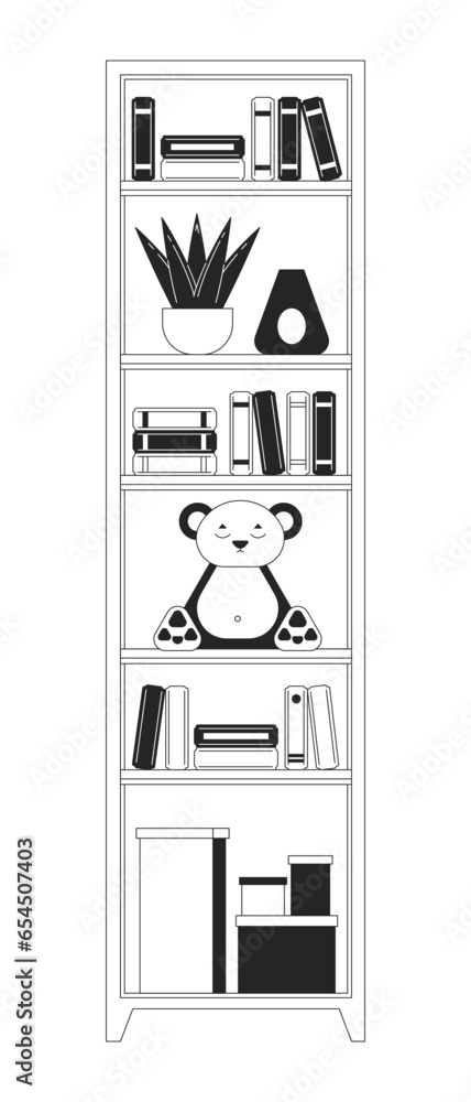 Bookcase tower for kids bedroom black and white 2D line cartoon object. Bookshelves furniture isolated vector outline item. Children bookshelf. Toy storage rack monochromatic flat spot illustration Bookcase tower for kids bedroom black and white 2D line cartoon object. Bookshelves furniture isolated vector outline item. Children bookshelf. Toy storage rack monochromatic flat spot illustration