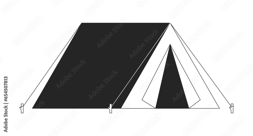 Camping tent black and white 2D line cartoon object. Wanderlust campground isolated vector outline item. Leisure activity. Campsite vacation. Outdoor recreation monochromatic flat spot illustration