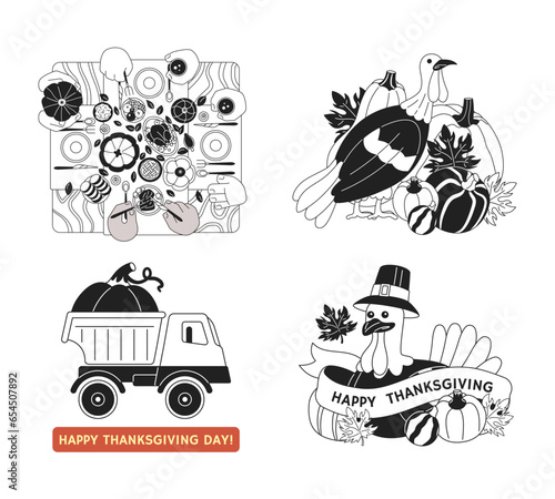 Happy thanksgiving day black and white 2D illustration concepts set. Family dinner  pumpkin truck isolated cartoon outline scene collection. Thanksgiving turkey metaphors monochrome vector art