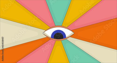 Retro groovy seeing eye 2D linear illustration concept. Psychedelic surreal cartoon scene background. Eye watching. Visual hallucination, providence metaphor abstract flat vector outline graphic