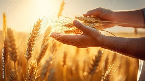 A man gently picks up ripe ears on a wheat field in the sunset rays. Beautiful rural landscapes with rich harvest. Natural background. Illustration for cover, postcard, interior design, decor, print. photo
