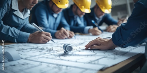 Engineer's Hand Drawing On Blue Print Of Plan. Architects and engineers conversing at the table about the importance of teamwork and the construction process.