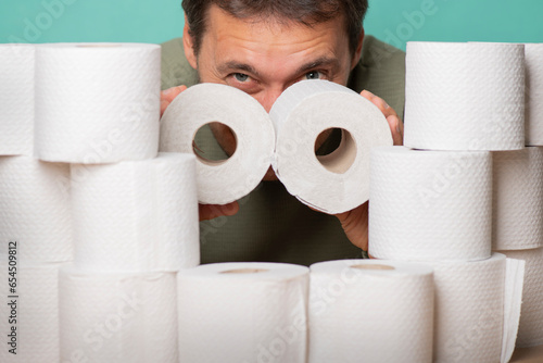 Εκτύπωση καμβά A greedy and thrifty toilet paper lover watches the approach of the apocalypse
