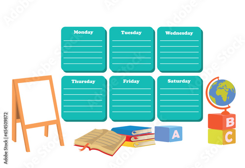 Back to school timetable. Hand drawn. Classroom timetable. Plan note education. Planner, table class. Child, academic template. Organizer paper weekly. Vector illustration.