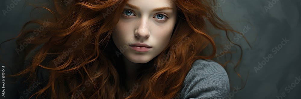 Fototapeta premium Portrait of a redheaded young woman, generative AI