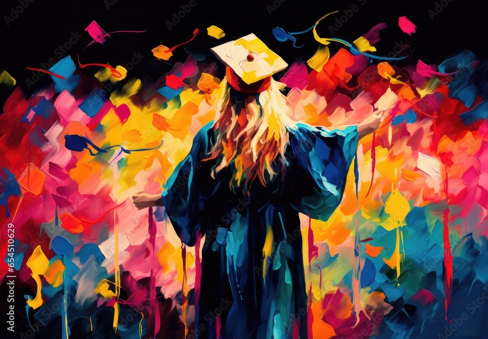 A graduate of a university, college or school receives his or her degree at a graduation ceremony. A crowd of students. Digital art in watercolor style. Illustration for banner, card, cover, brochure. - obrazy, fototapety, plakaty 