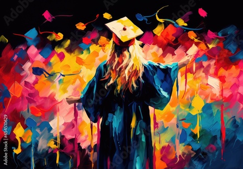 A graduate of a university, college or school receives his or her degree at a graduation ceremony. A crowd of students. Digital art in watercolor style. Illustration for banner, card, cover, brochure.