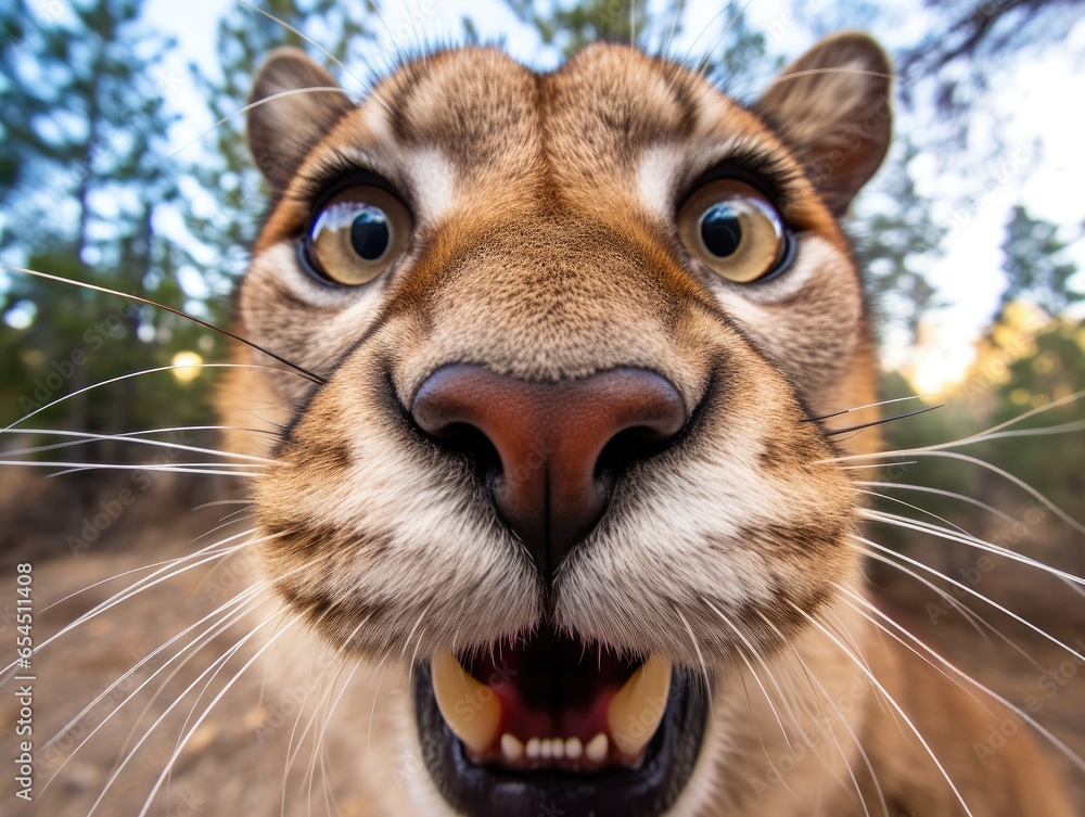 Close-up of a cougar looking at the camera. The animal in its natural environment. Funny female pume. Natural background. Illustration for cover, postcard, interior design, banner, brochure, etc.