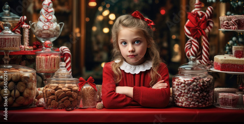 A pretty girl in a red dress sells Christmas sweets © Татьяна Прокопчук