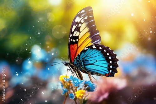 Closeup of a butterfly taking off with colorful wings