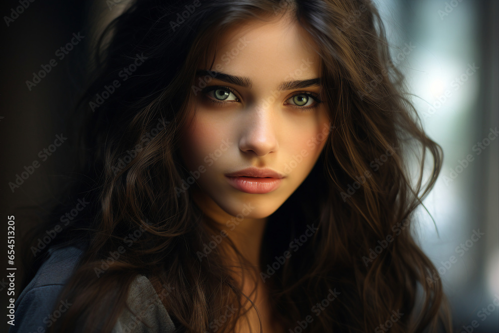 Generative Ai portrait of young girl woman brunette hairdo isolated over blurred lights background Generative Ai portrait of young girl woman brunette hairdo isolated over blurred lights background