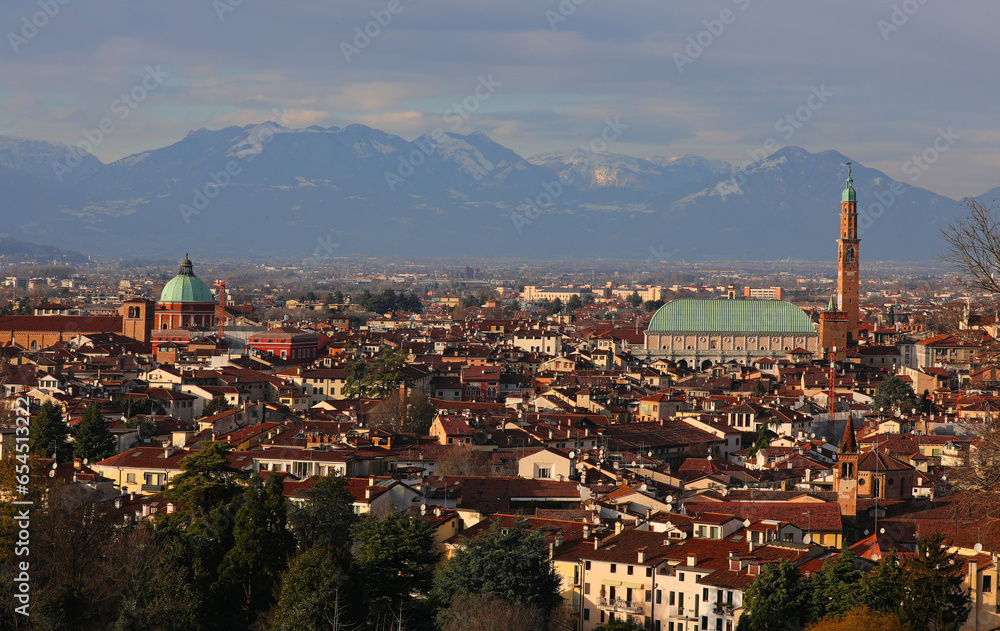 Panorama of VICENZA city in Italy and the famous monument called BASILICA PALLADIANA with the tower