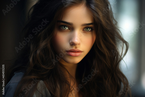 Wallpaper Mural Generative Ai portrait of young girl woman brunette hairdo isolated over blurred lights background Torontodigital.ca