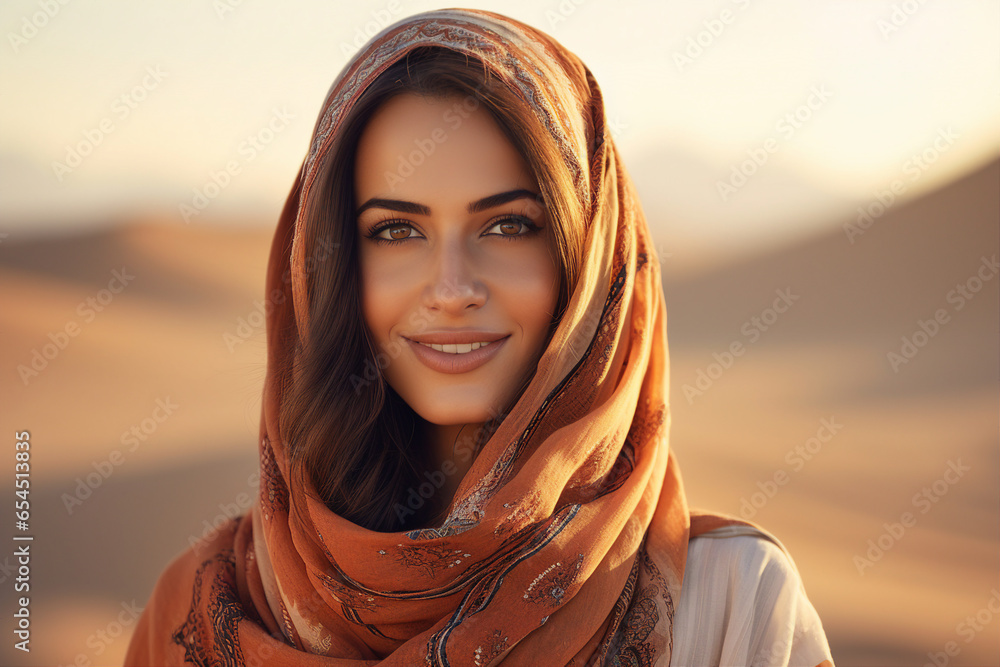 Beautiful arabic woman wearing veil in sandy desert Generative Ai illustration Beautiful arabic woman wearing veil in sandy desert Generative Ai illustration