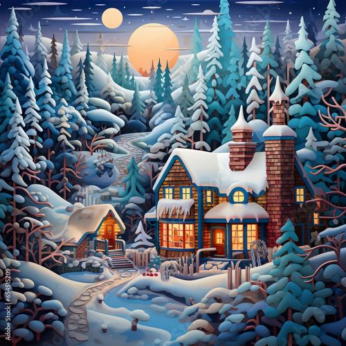 Christmas maiga charming winter scenery illustration. Picturesque snow covered scenery of Christmas season. Christmas celebration card. © Vagner Castro