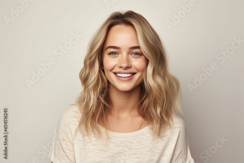 Generative AI portrait charming blonde hair girl woman smiling white teeth isolated pastel color wall background photo