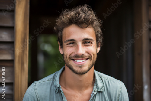 Generative AI photo image of handsome cheerful guy nice man with toothy smile and good mood traveling in the city
