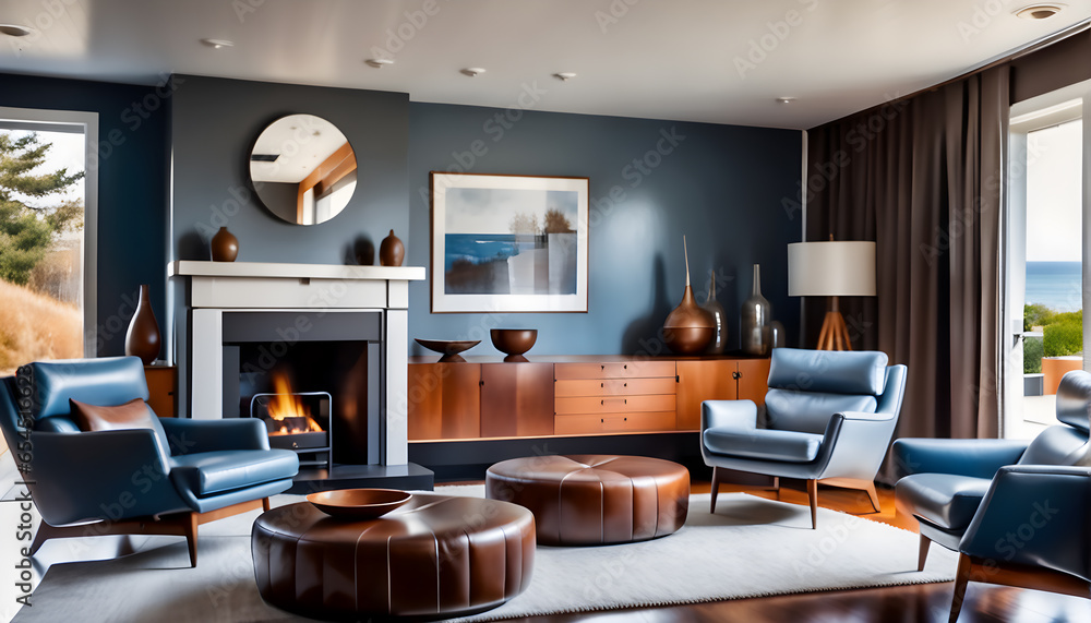 Brown leather chairs and grey sofa in room with fireplace. Mid-century style home interior design of modern living room
Brown leather chairs and grey sofa in room with fireplace. Mid-century style home interior design of modern living room