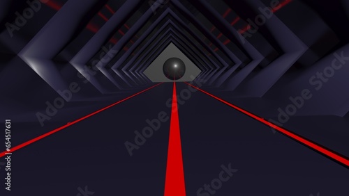 Abstract perspective on a tunnel going straight to a black sphere - 3D rendering illustration