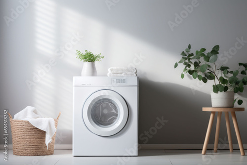 Interior of home laundry room with modern washing machine. Generative AI © barmaleeva