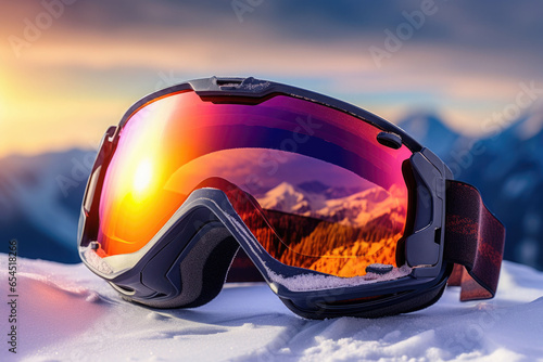 Snow glasses with rays of the setting sun. Winter sports equipment. Generative AI