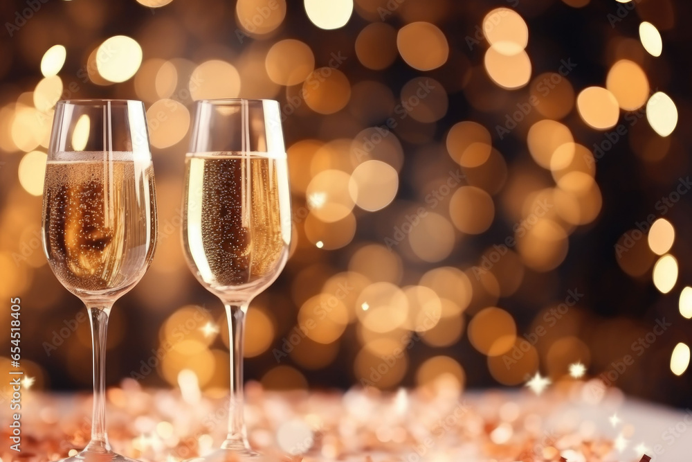 New year's eve celebration background with champagne. Golden bokeh. Generative AI New year's eve celebration background with champagne. Golden bokeh. Generative AI