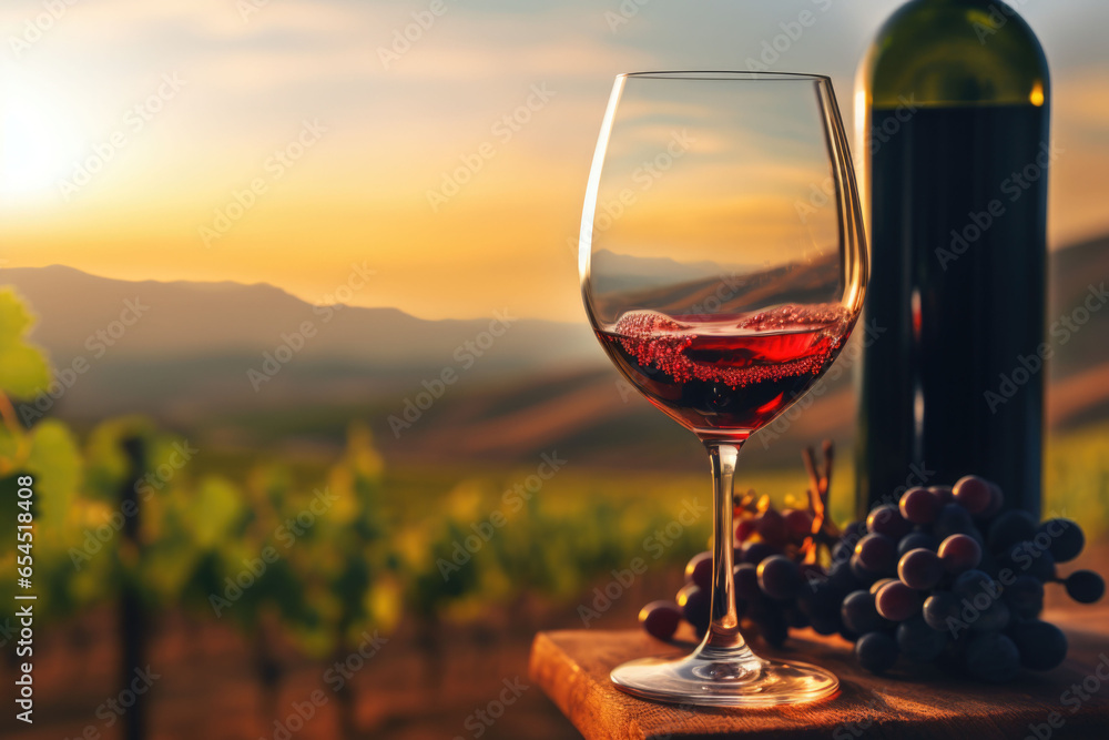 Red wine in glass on vineyard background at sunset. Generative AI